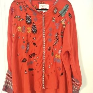 Johnny Was XL Tunic Style Blouse.  Red with multi color embroidery.